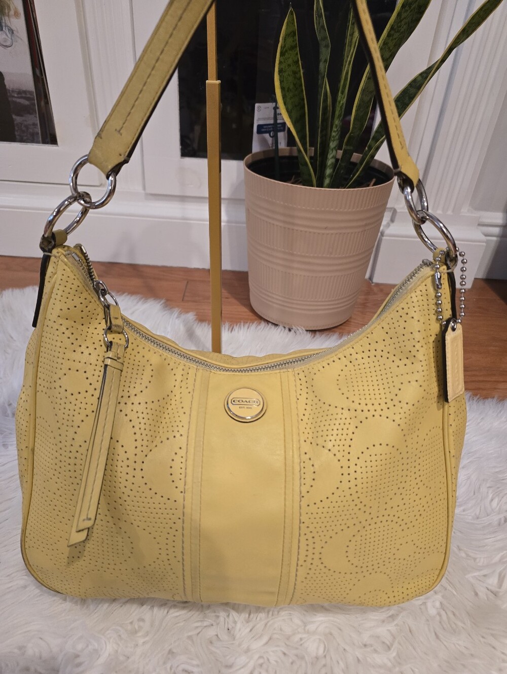 Coach Signature Stripe Perforated Leather Convertible Hobo Bag Y2KC